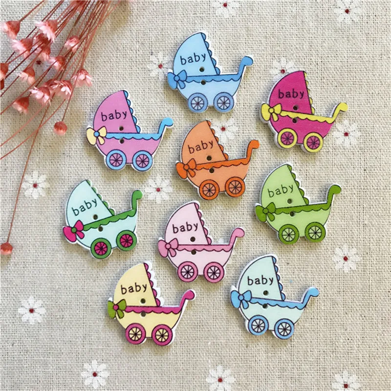 

500pcs Mixed Baby Trolley Carriage Wooden Buttons Pram 2 Holes Sewing Embellishments Scrapbooking 32x35mm Baby's Cartoon Button
