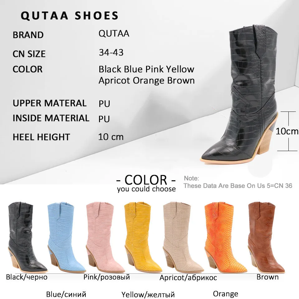 

QUTAA 2020 Sexy Pointed Toe All Match Women Shoes Warm Fur All Mid Calf Boots Soft PU Leather Square Heel Winter Boots Size34-43