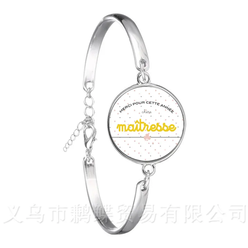 

Teacher's Day Gift Bracelet Merci Maitresse 18mm Glass Cabochon Trendy Jewelry Bangle For Women Men Thanksgiving Gift