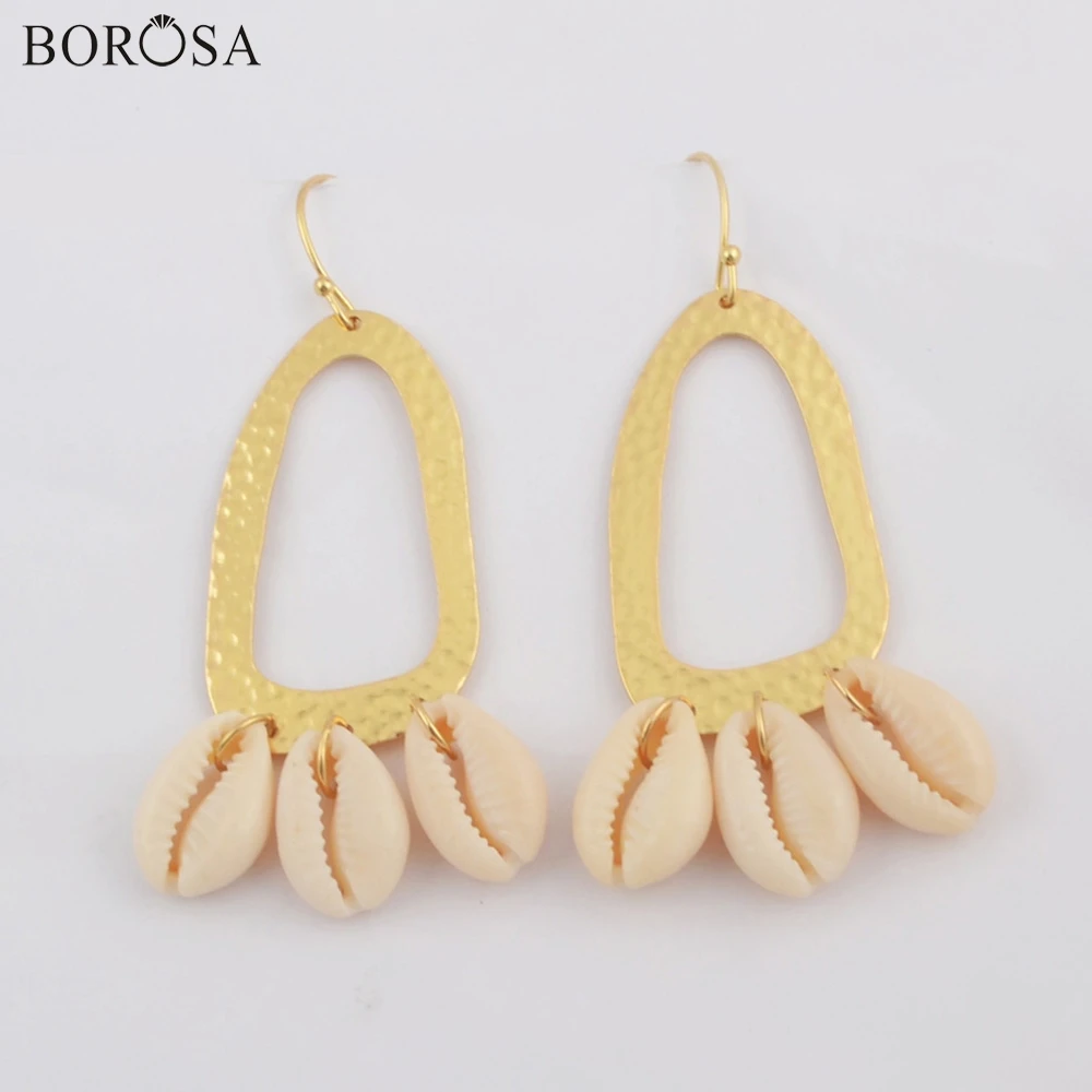 

BOROSA оптовая продажа, Модные Позолоченные серьги с гальваническим покрытием, натуральный Каури, пляжные серьги, ювелирные изделия для женщин, G1784