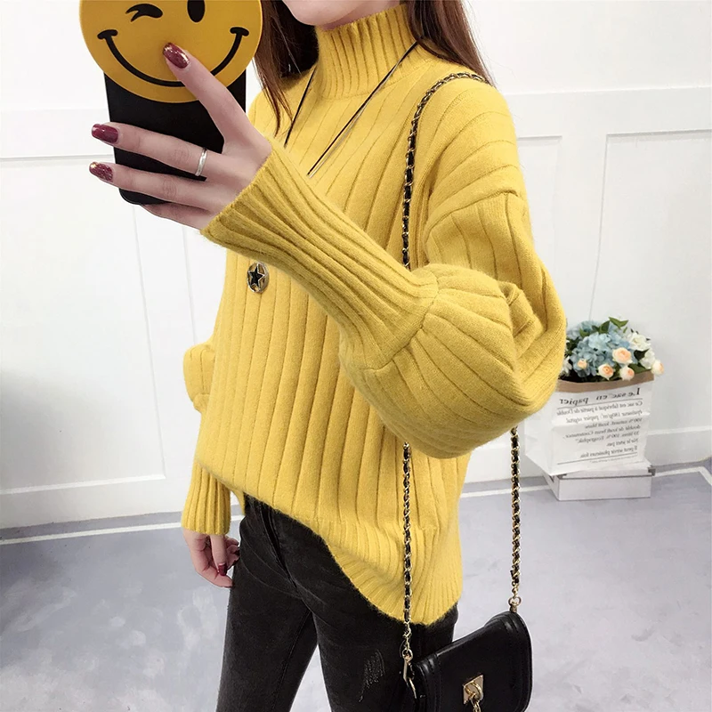 2018 New Korean loose hedging women knit shirts Half-high collar lantern sleeves fashion autumn winter Sweater primerTW016 | Женская