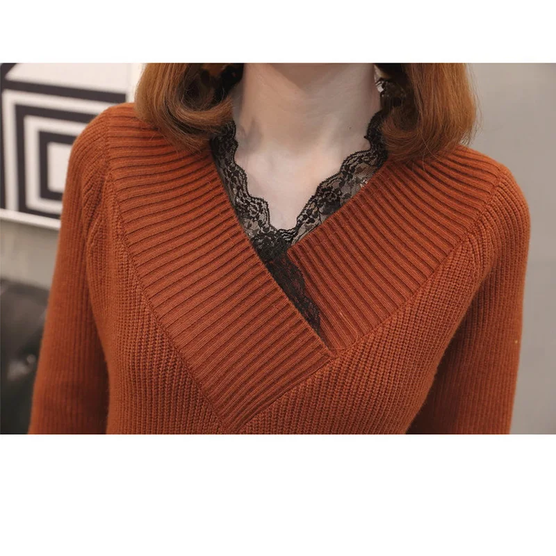 OHRYIYIE 2020 Winter Lace Sweater Women Fashion V-neck Long Sleeve Knit Sweaters And Pullovers Female Tricot Jumper Pull Femme | Женская