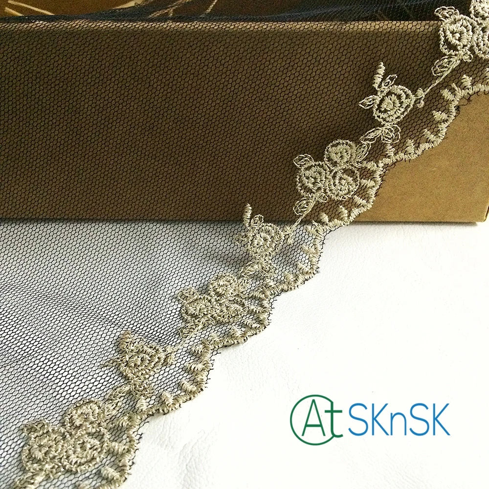 

500 Yards/lot 16CM Wide Gold Trim Floral Embroidery Black Color Mesh Lace fabric for Fashion Woman Dress Decoration DHL shipping