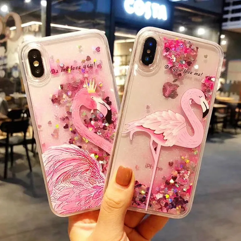 2018 Fashion Exquisite Shining Summer Flare Sequin Glitter Liquid Quicksand pink Flamigo Phone case For Iphone 6splus/7p/8p/X |