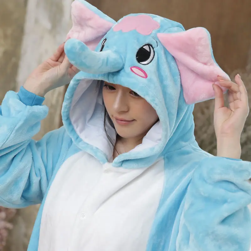 2017 унисекс взрослого слона пижамы мультфильм Onesie Симпатичные капюшоном фланель