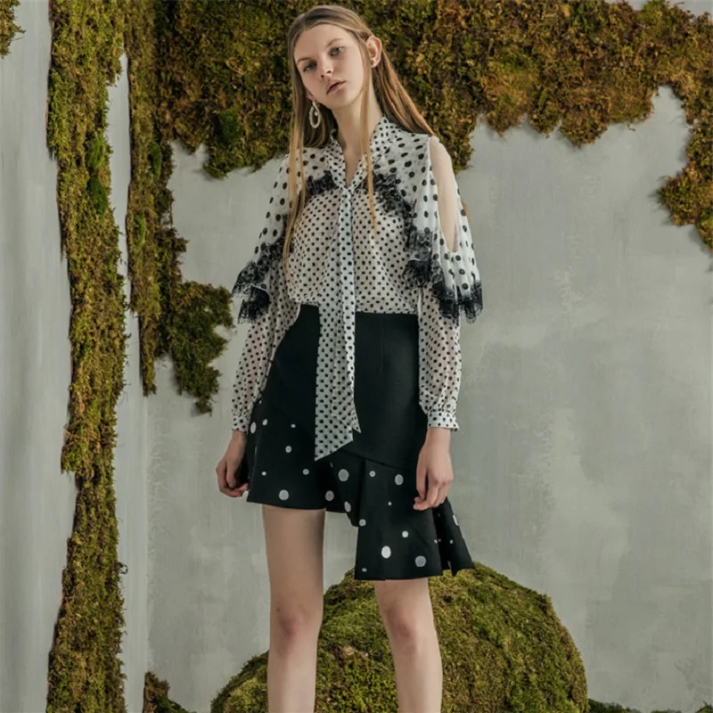 2019 Summer High Quality Dot Lace Patchwork Blouse Asymmetrical Mini Skirt Set Hollow Out Sexy Chic Shirt Party Clothes | Женская одежда