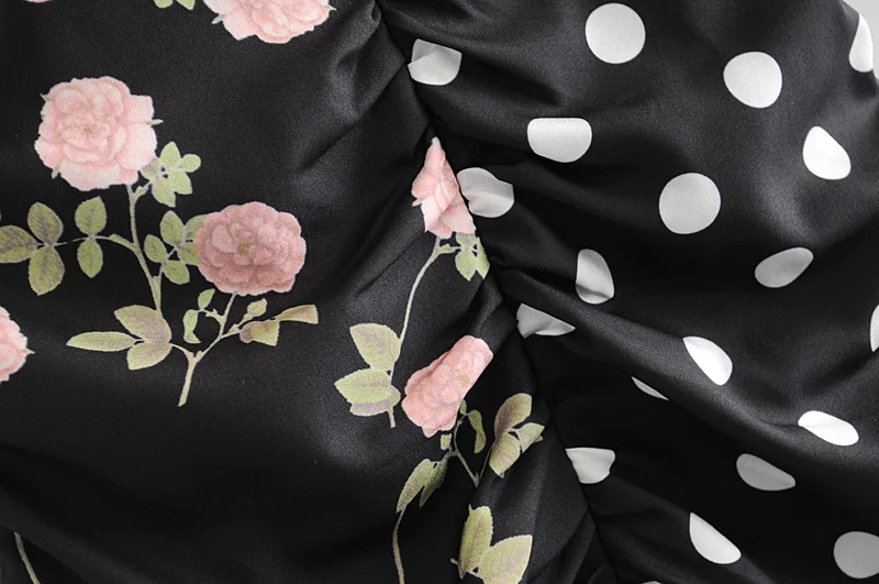 Vintage summer print dress black deep v neck patchwork slim waist backless ruffles high waist strap short beach dress festa