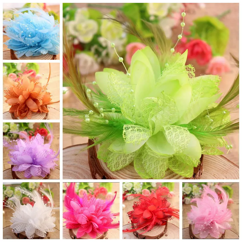 

Fabric feather Chiffon Flowers Artificial Hair Flower with mesh For Headbands Girls Hair Accessories