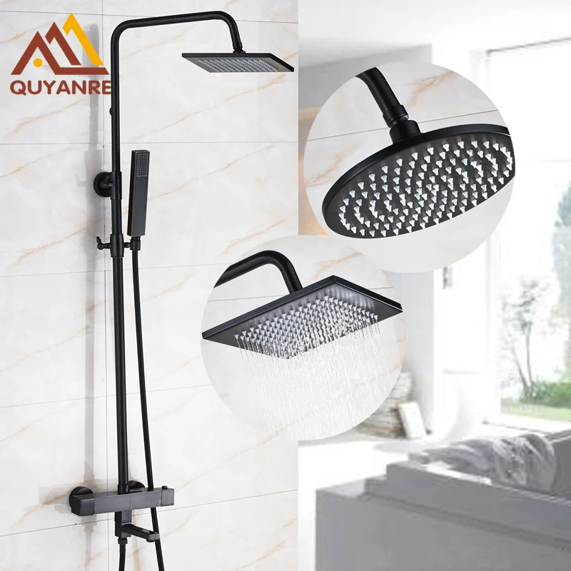 Black Color Dual Handle Thermostatic Bath &amp Shower Faucets 8 Inch Head and ABS Headheld Mixer Taps | Обустройство дома