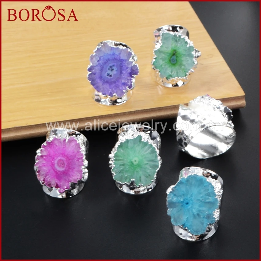 BOROSA 5 шт. радужные серебряные кольца с солнечным цветком и кварцевым камнем