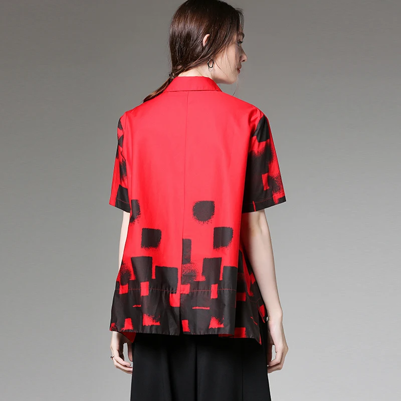 Large size women's 2019 summer new loose print casual shirt show slim versatile blouse turn down collar short sleeve | Женская