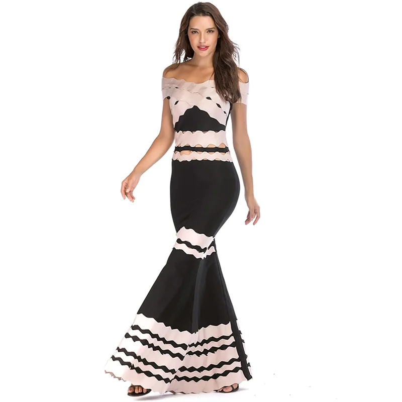 С открытыми плечами Длинные платье с русалочкой Лето 2018 модные черные Лоскутная