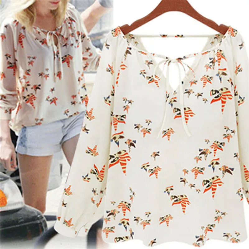 

Fashion Women Ladies sexy deep V Neck Tie Chiffon Shirt Floral Print Long Sleeve Blouse Casual Tops new sytle loose blouse