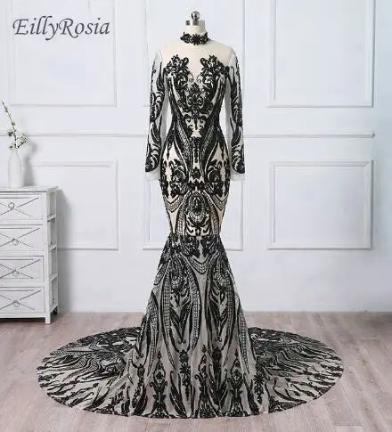 

Sequined Lace Mermaid Evening Dresses Long Sleeve High Neck Mother of the Bride Formal Evening Gowns 2018 vestido de festa longo
