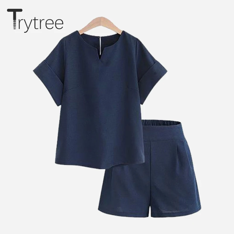Trytree Женский комплект из двух предметов повседневный топ полиэстера и короткие