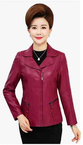 purplered 4Xl 5Xl 6Xl для женщин среднего возраста кожаная куртка Pu кожаные куртки женские тонкие элегантные пальто размера плюс осенняя одежда A3884 - Цвет: purplered