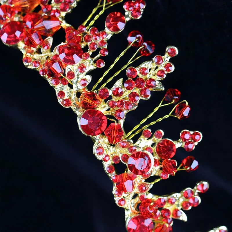 Роскошные свадебные украшения для волос золотой красные Кристаллы Стразы