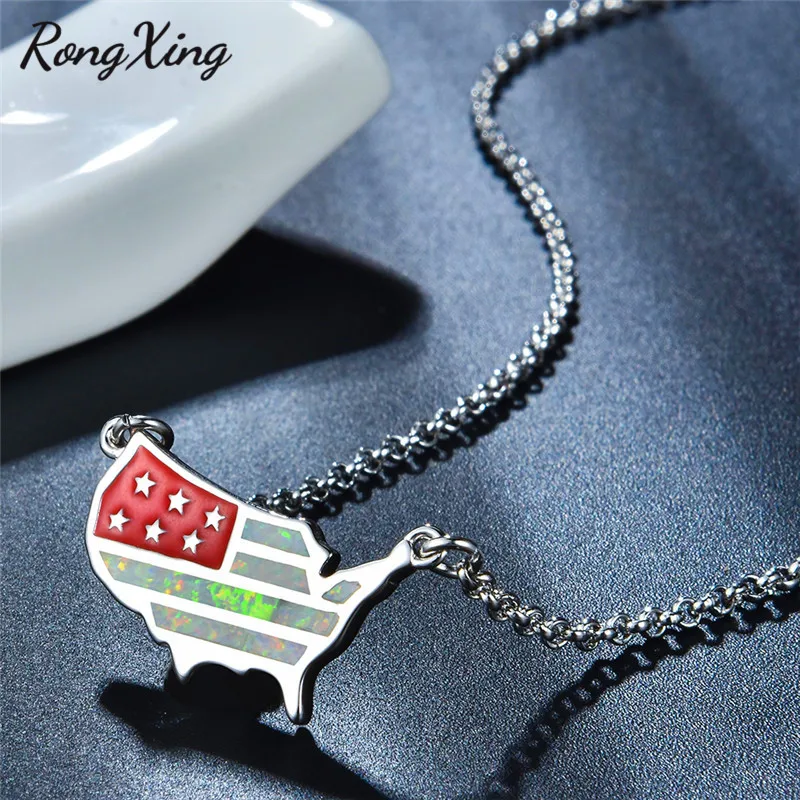 RongXing Silver Color American Flag Pendant Necklaces for Women White/Blue Fire Opal Birthstone Necklace Xmas Gift | Украшения и