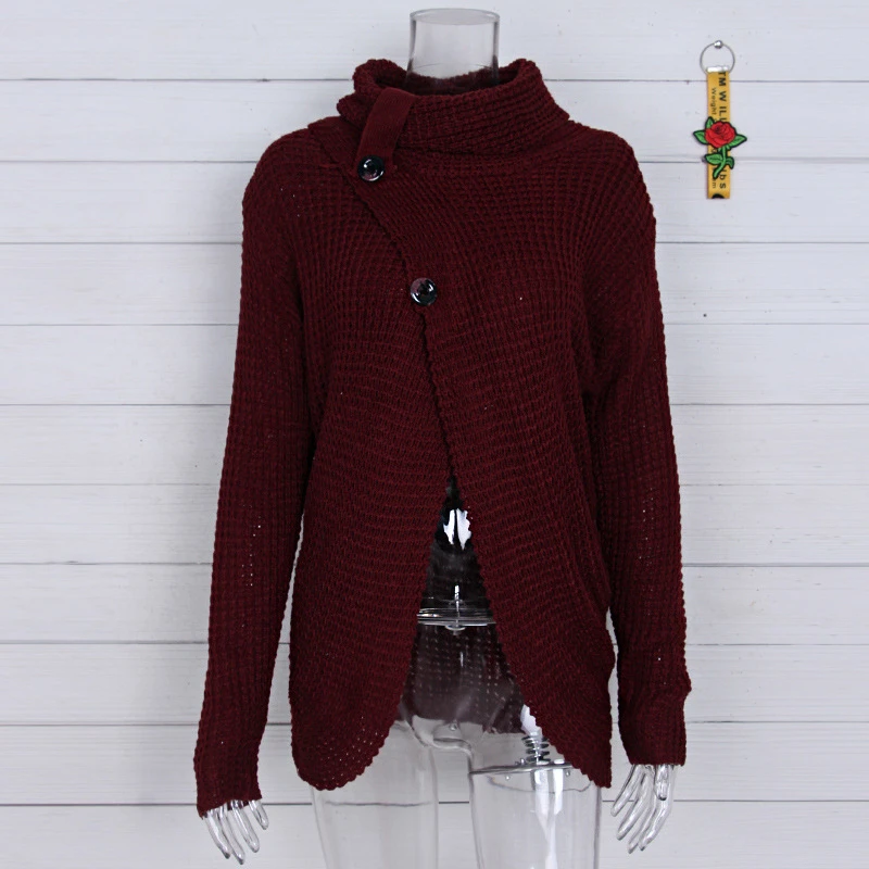 Winter Casual Cardigans Female Thick Knitting Cardigan Scarf Neck Irregular Tops Buttons Streetwear Women Solid Color Sweaters |