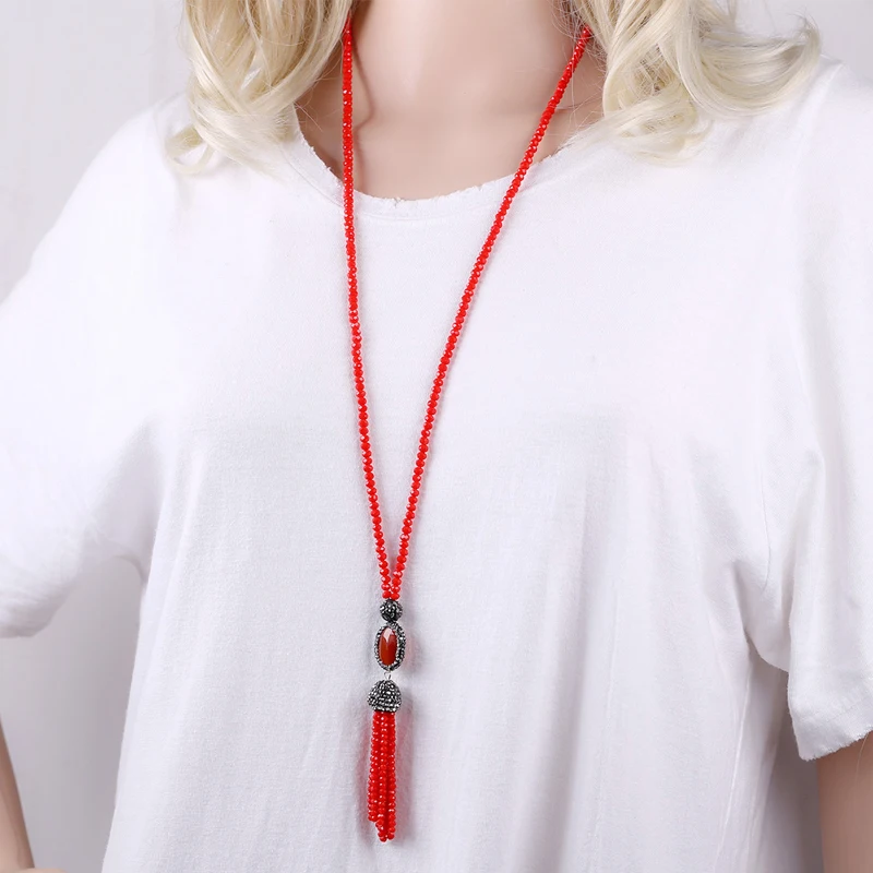 Fashion Sweater Chain Necklace Pendant for Girls Crystal Beads Rhinestones Strands Long Statement Jewelry 1644 | Украшения и