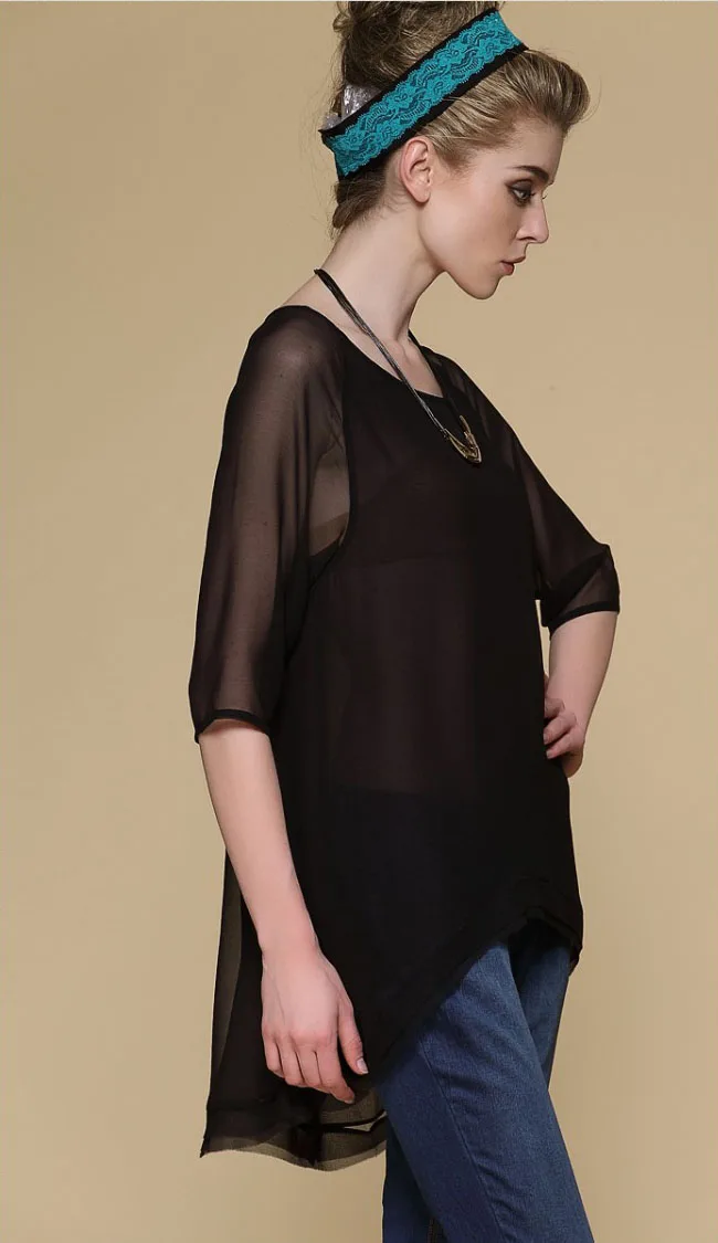 Длинная шелковая шифоновая футболка/шелковая ткань/однотонный цвет/женские топы