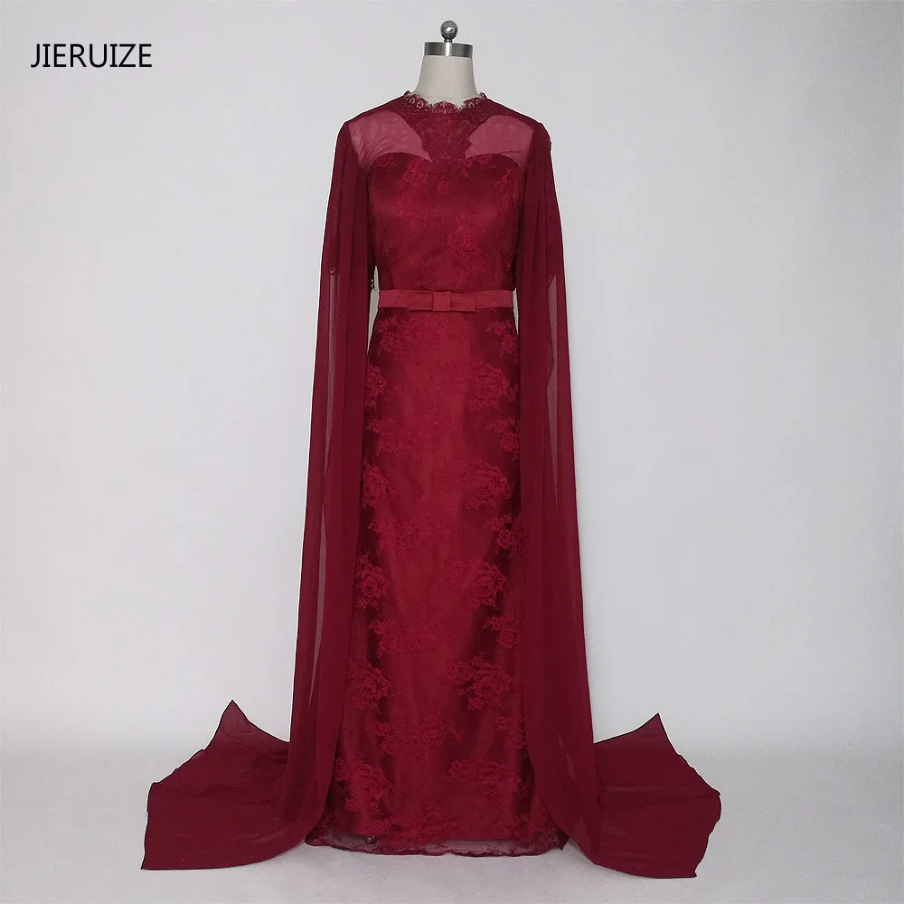 

JIERUIZE Dark Red Lace Mermaid Long Arabic Evening Dresses High Neck Short Sleeves Evening Gowns Dubai Arabic Dresses