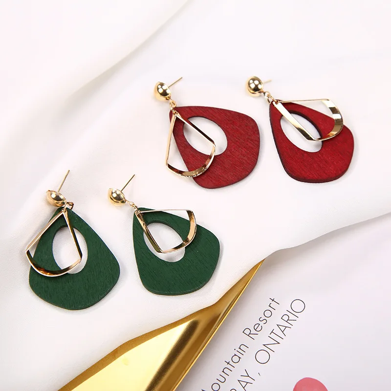 Coffee Green Red Hollow Wooden Drip Golden Metallic Hoop Fashion Dangle Earrings Drop for Women | Украшения и аксессуары