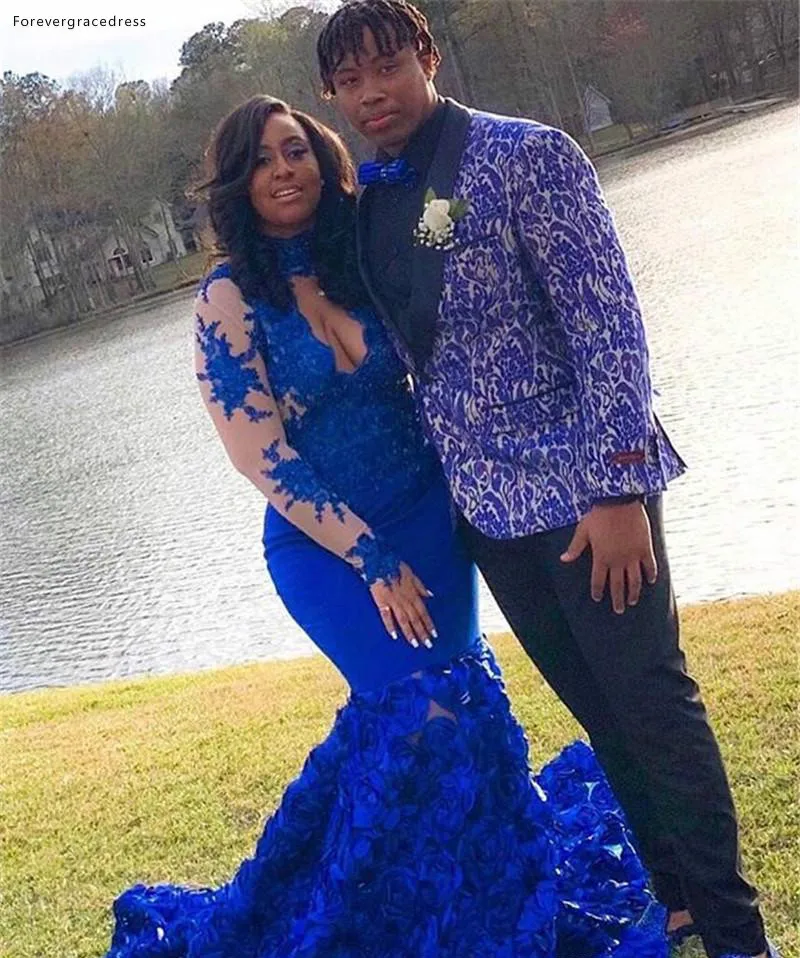 

Royal Blue Long Sleeves Prom Dresses 2019 New African Black Girls Mermaid High Neck Holidays Graduation Wear Evening Party Gowns