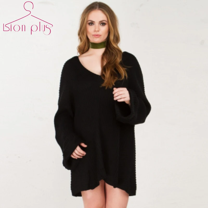 Свитер женский свободный черный с глубоким вырезом 4XL 5XL 6XL 2017 осень | Женская