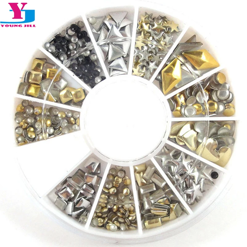 

5 Wheel/lot Metallic Rivets Studs 3D DIY Nail Art Decorations Rhinestone Golden & Silver 200pcs Stud Salon Nail Beauty Tools