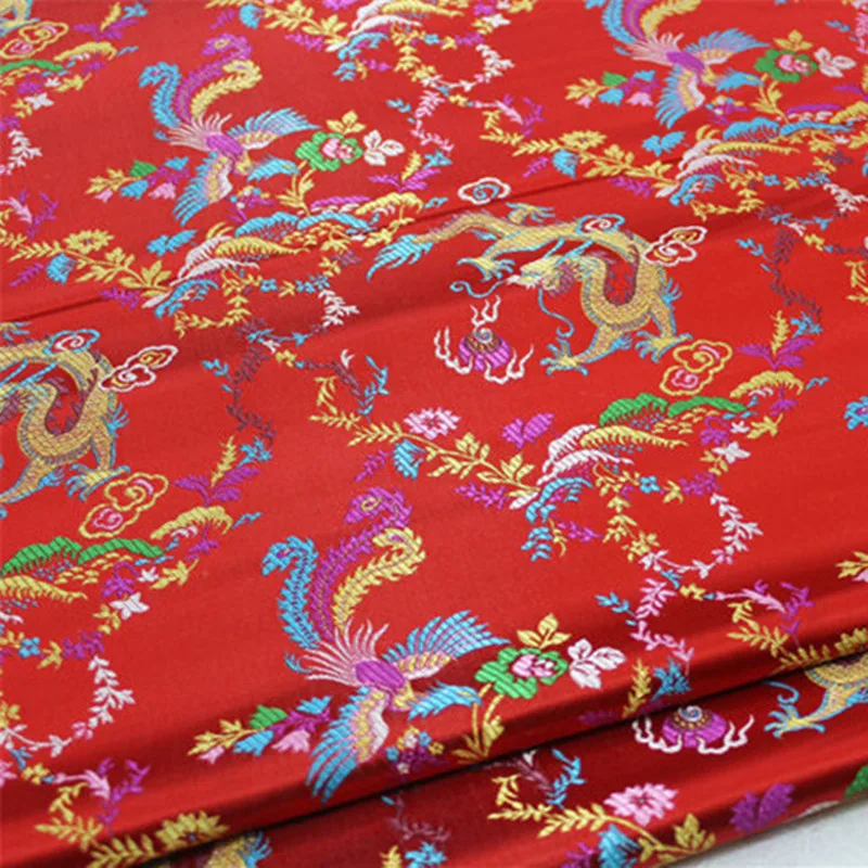 CF522 Red/Golden/Pink Dragon &amp Phoenix Embroidered Brocade Fabric Chinese Silk Stain For Couple's Wedding Clothes |