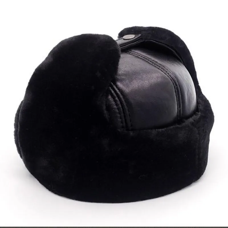 Genuine Leather Bomber Hat Middle Elderly Men Winter Thicken Plus Velvet Warm Cap Sheepskin Fashion Outdoor Male Black Hats H263