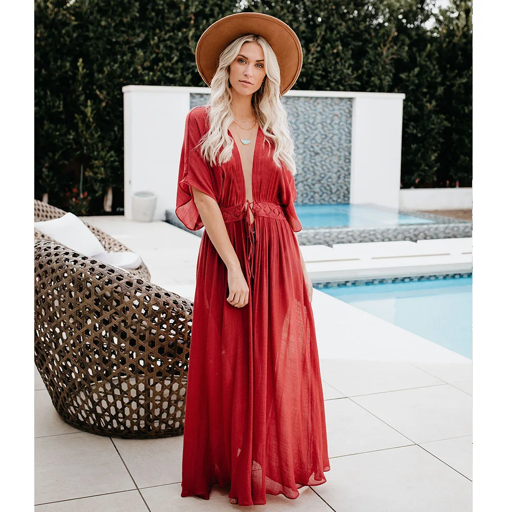 Свободные богемные макси платья с v-образным вырезом для женщин коротким рукавом