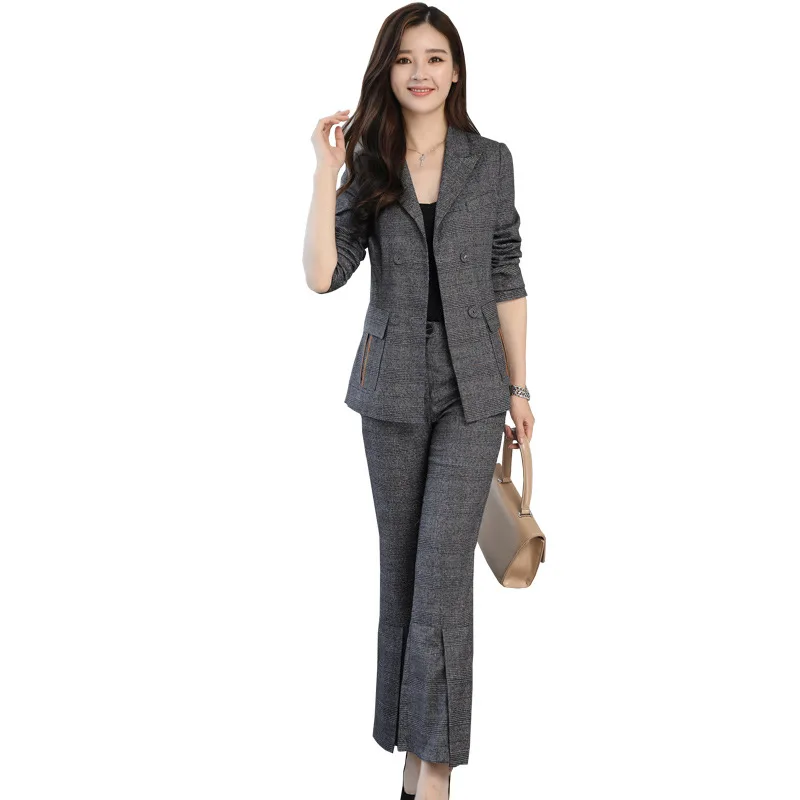 

Spring and Autumn new Korean ladies temperament fashion Slim plaid suit jacket + Flares Two pieces / sets