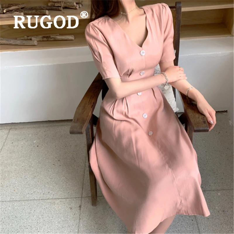 Женское атласное платье RUGOD винтажное однотонное на пуговицах с v образным