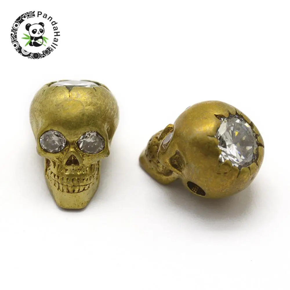 

Brass Beads, with Cubic Zirconia, Skull, Unplated, 12x9x9.5mm, Hole: 2mm