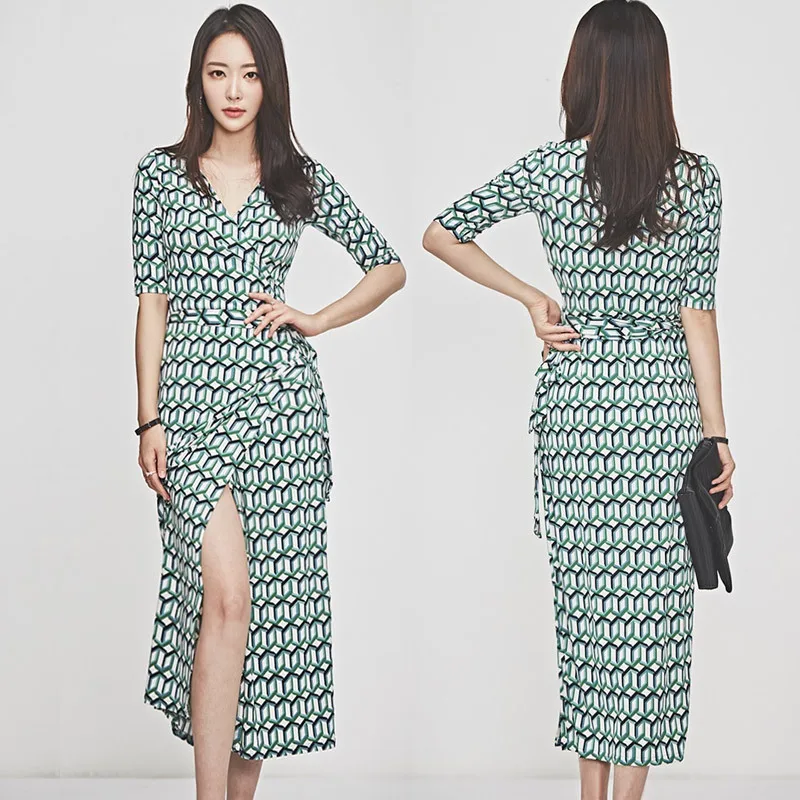 

Plus Size Women Half Sleeve Corset Wrap Dress Women Bodycon Summer Clothe for Women Vintage Dress Print Geometric Midi Dress