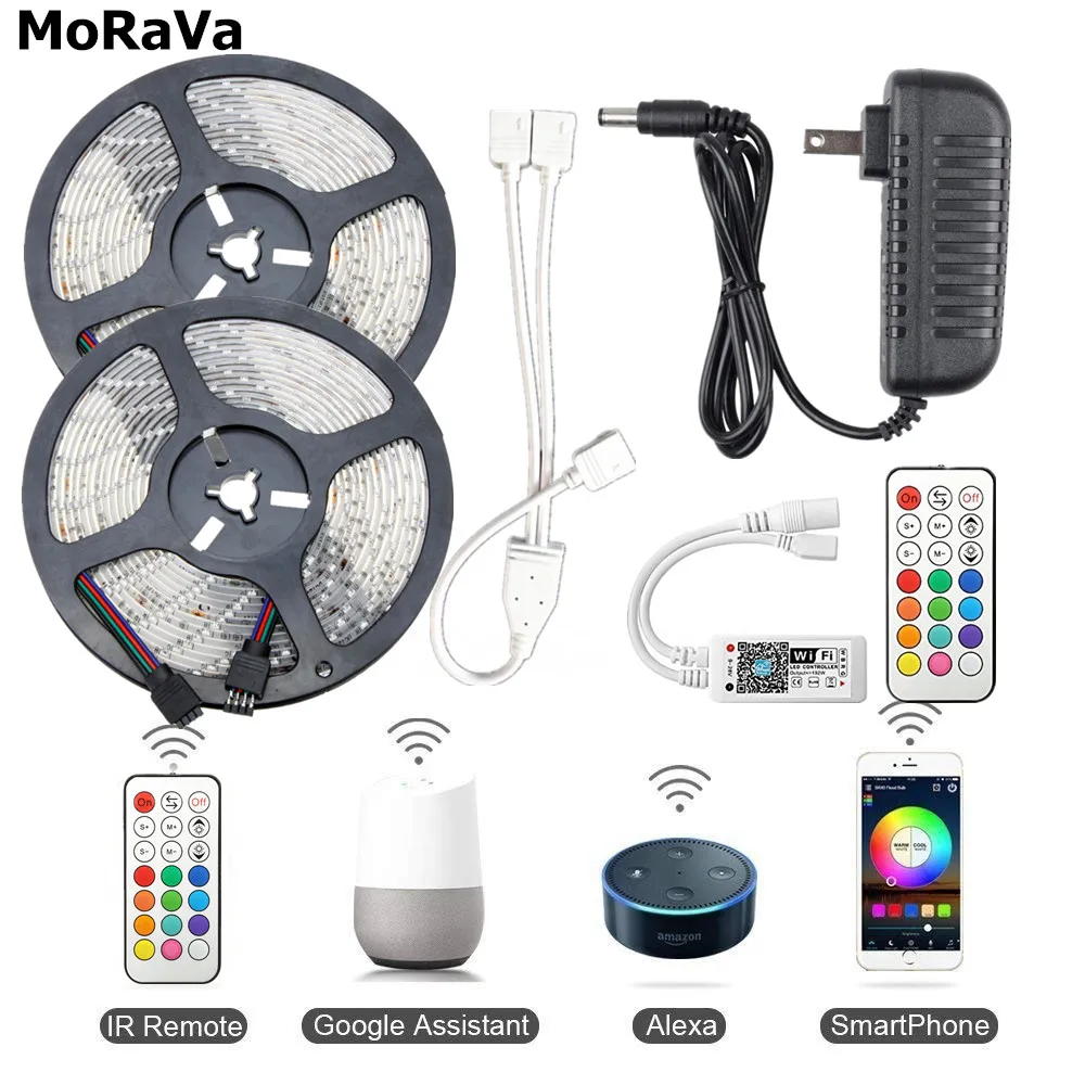 Alexa Google Assistant IFTTT светодиодный беспроводной WiFi Светодиодная лента SMD2835 12 В RGB светодиодный светильник+ светодиодный контроллер+ 2A 3A питание