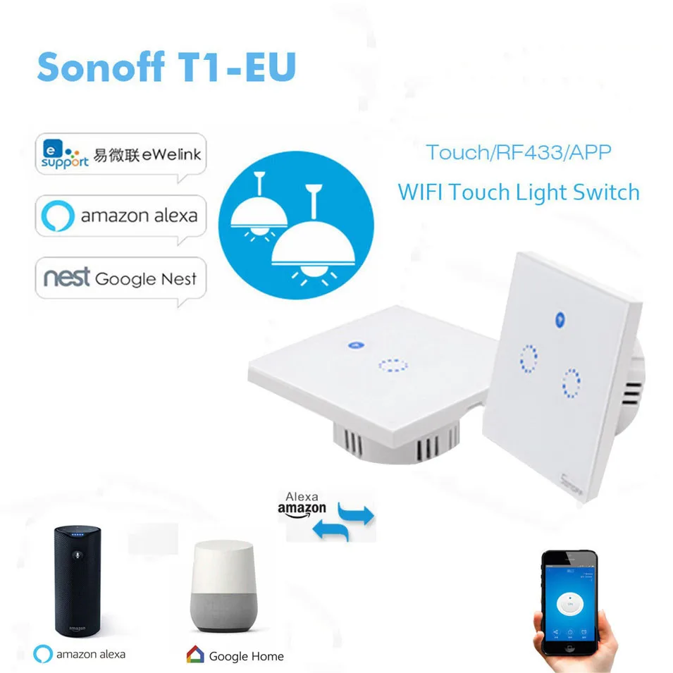 Настенный сенсорный выключатель Sonoff T1 EU 1 Gang 2 Touch/Wifi/433 RF/APP Умный домашний работает