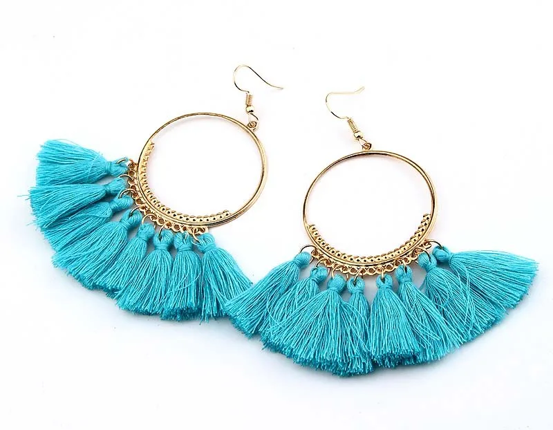 Этнические богемные Стиль золото длинной кисточкой падение Earrrings красный канат