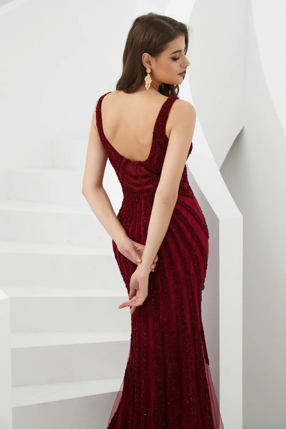 JaneVini Длинные Выпускные платья Burgundy Robe De Gala сексуальный v-образный вырез роскошный Бисер Тюль развертки Поезд Формальные Вечерние платья