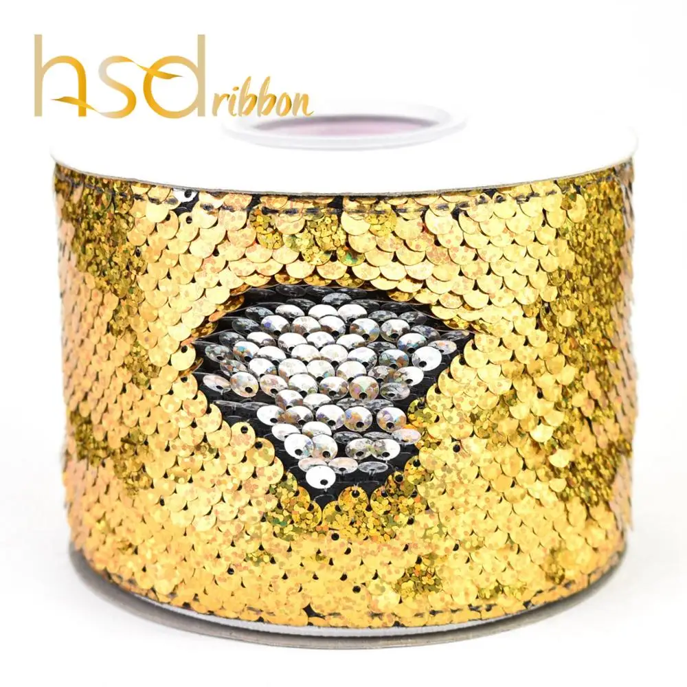 

HSDRibbon 3 inch 75mm double color Sequin Fabric Reversible Glitter Sequin Ribbon 25Yards/Roll