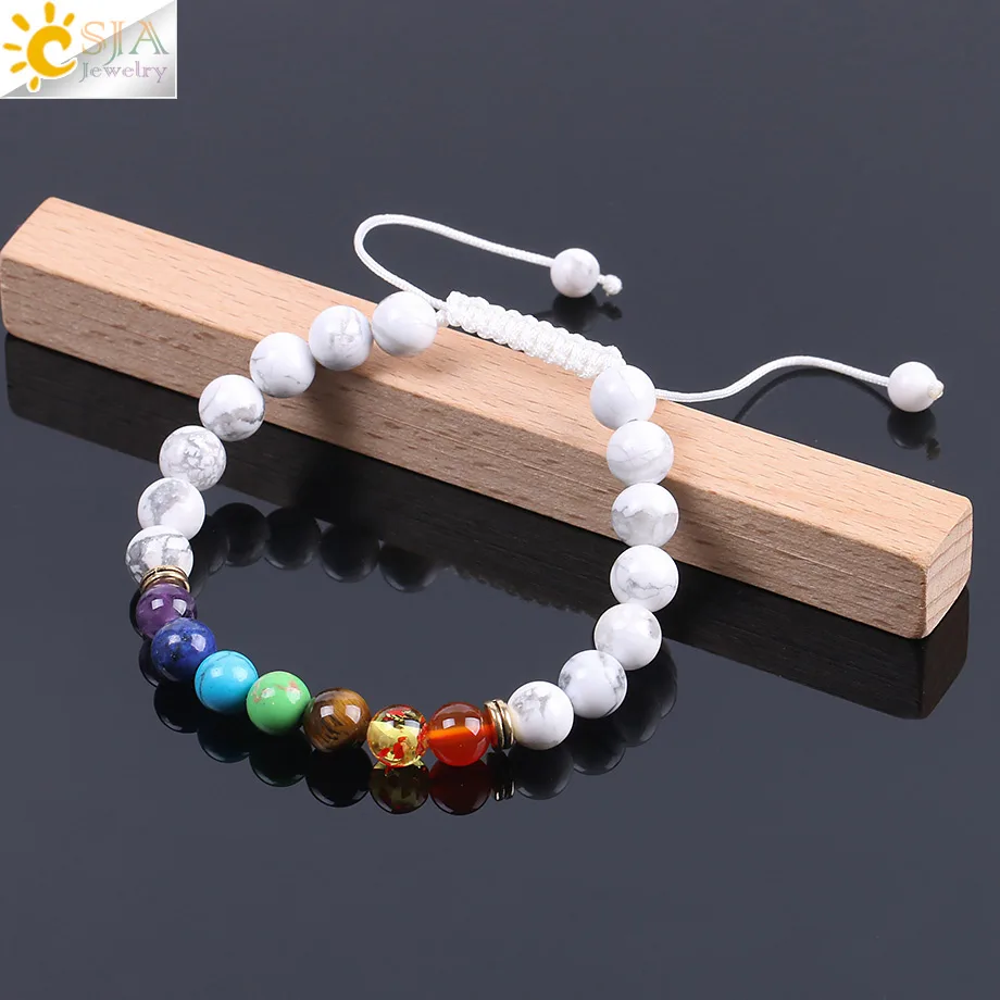 CSJA Ethnic White Howlite Beaded Bracelet Natural Gem Stone 7 Chakra Yoga Mala Beads Tibetan Buddhist Meditation Braid Rope F092 | Украшения
