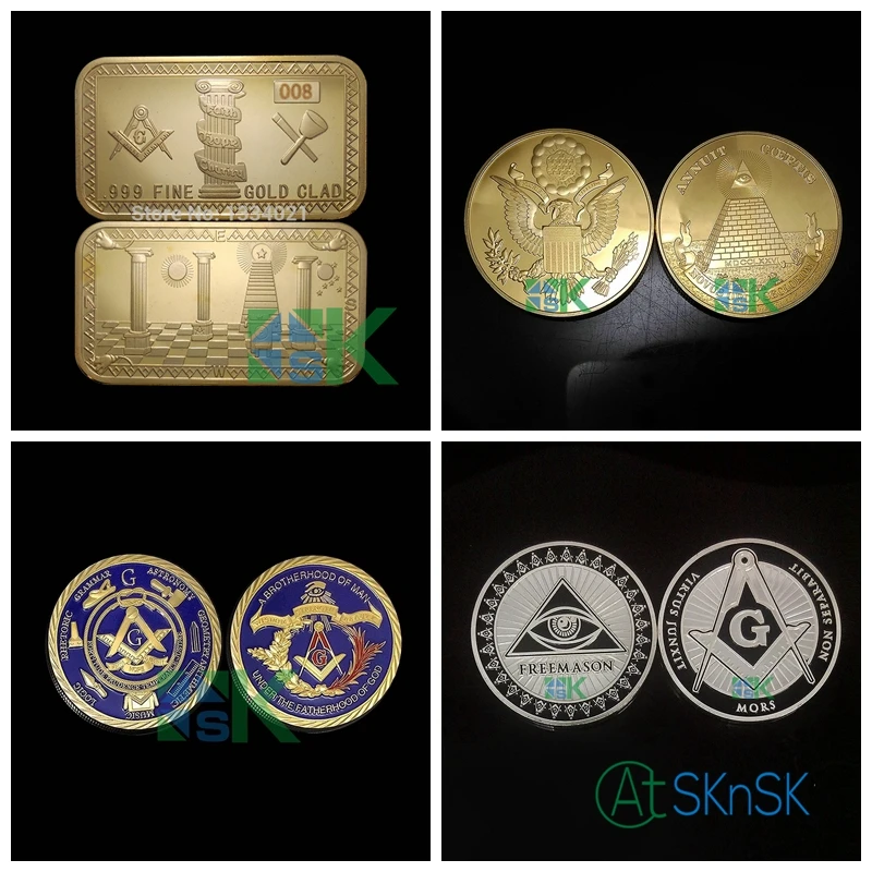 

10pcs/lot different design for choice high quality gold and silver plated Freemason Masonic coin and bar for collection