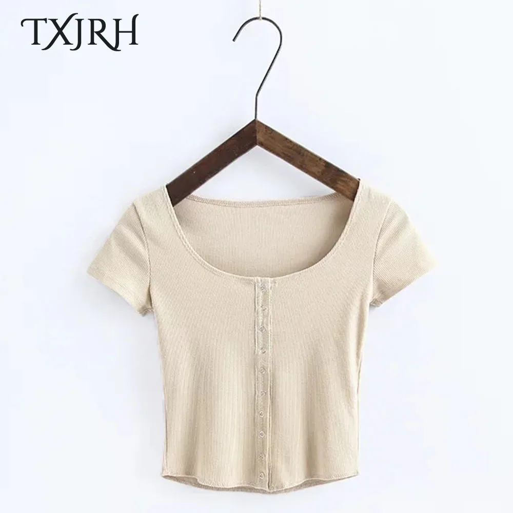TXJRH модная однобортная футболка с круглым вырезом и коротким рукавом сексуальная