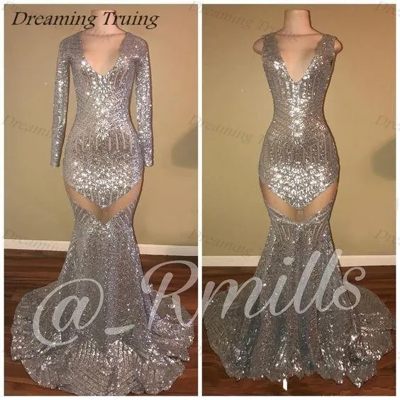 Vestidos Пром 2019 Светоотражающие серебряные Русалка Выпускные платья Глубокий v