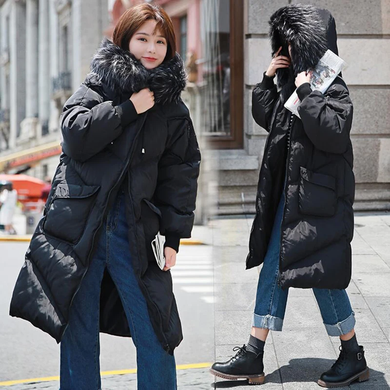 Winter Coat Women Large Fur Collar Hooded Long Jacket Thicken Warm Korean Padded Parkas 2018 New Oversized Loose Parka LY1208 | Женская