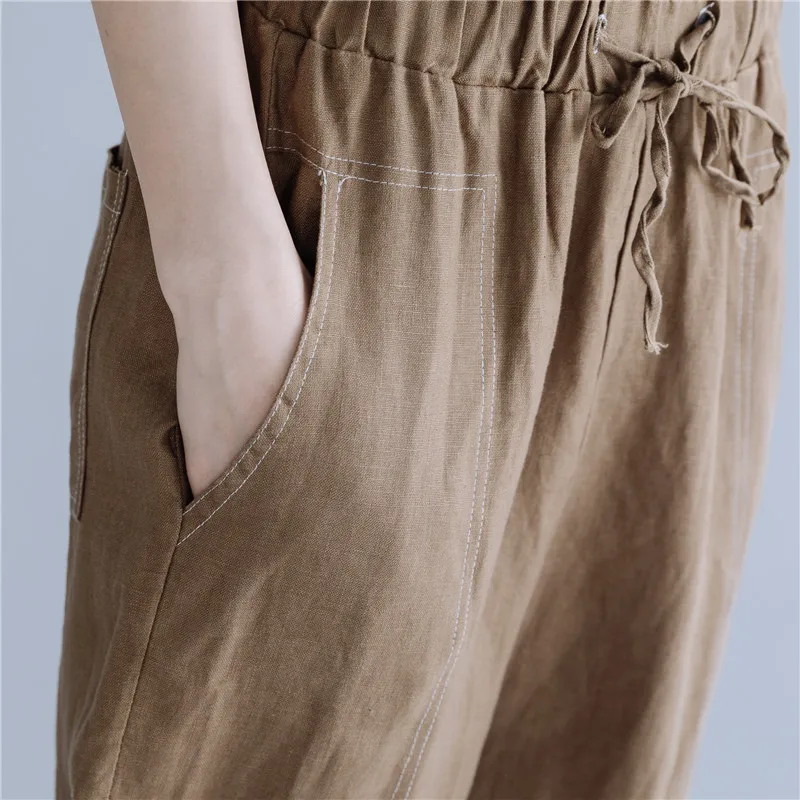 

Johnature 2021 New Casual Korean Summer Calf-length Pants Loose Elastic Waist Solid Color Cotton Linen Plus Size Harem Pants