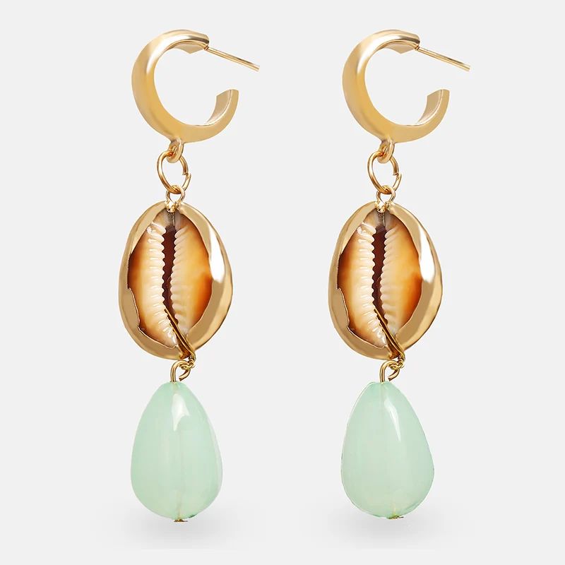 GWACC Shell Pendant Drop Earrings ZA NEW Creative Vintage Ethnic Style Green stone For Women Girls Fashion Jewelry | Украшения и