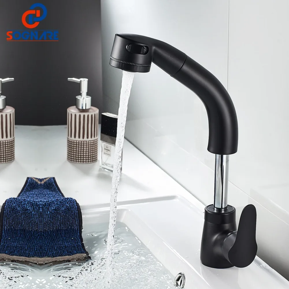 

Bathroom Basin Faucet Black Single Vessel Hot Cold Tap Height Adjustable Pull-Out Sink Tap Wash Basin Mixer Tap Bathroom Taps